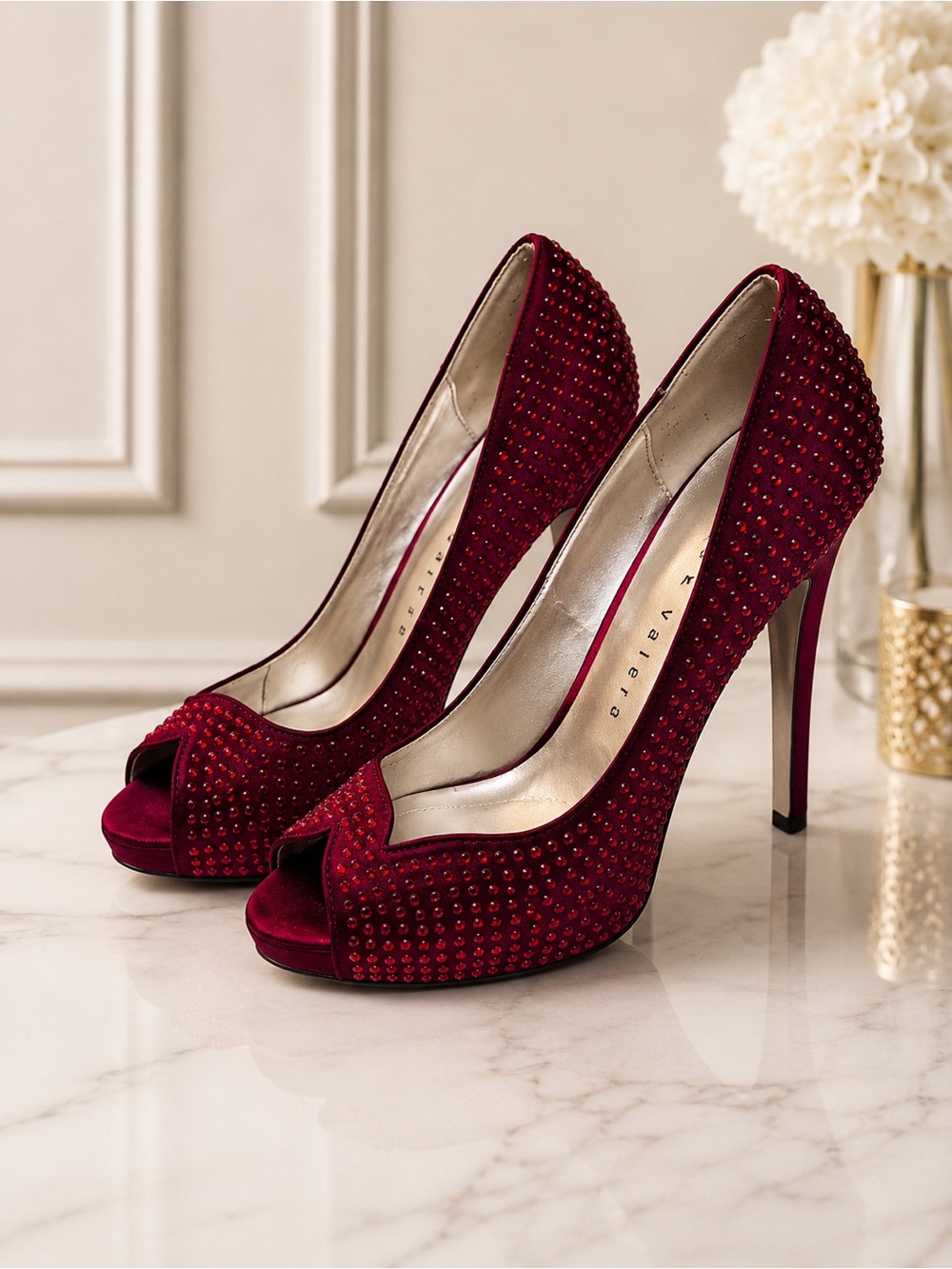 Martinez Valero Burgundy Rhinestone Peep Toe Platform Heels